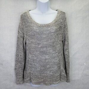 Eileen Fisher Open Knit Sweater Women's M Italian Yarn Pockets Scoop Neck Gray